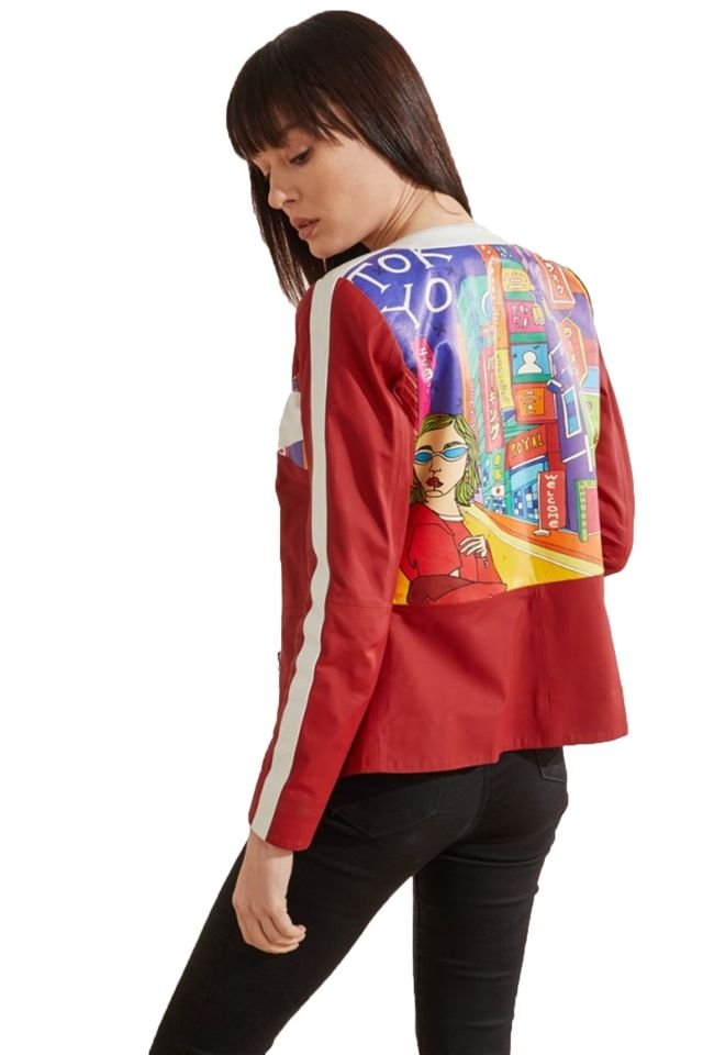 Tokyo Printed Woman Genuine Leather Jacket