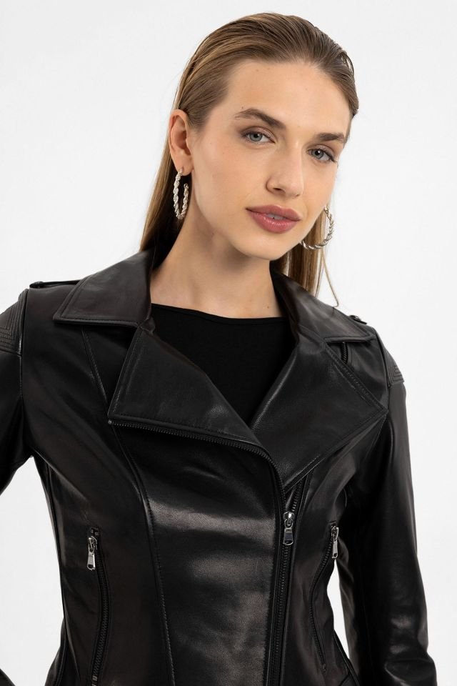 Black Ella Woman Genuine Leather Biker Jacket
