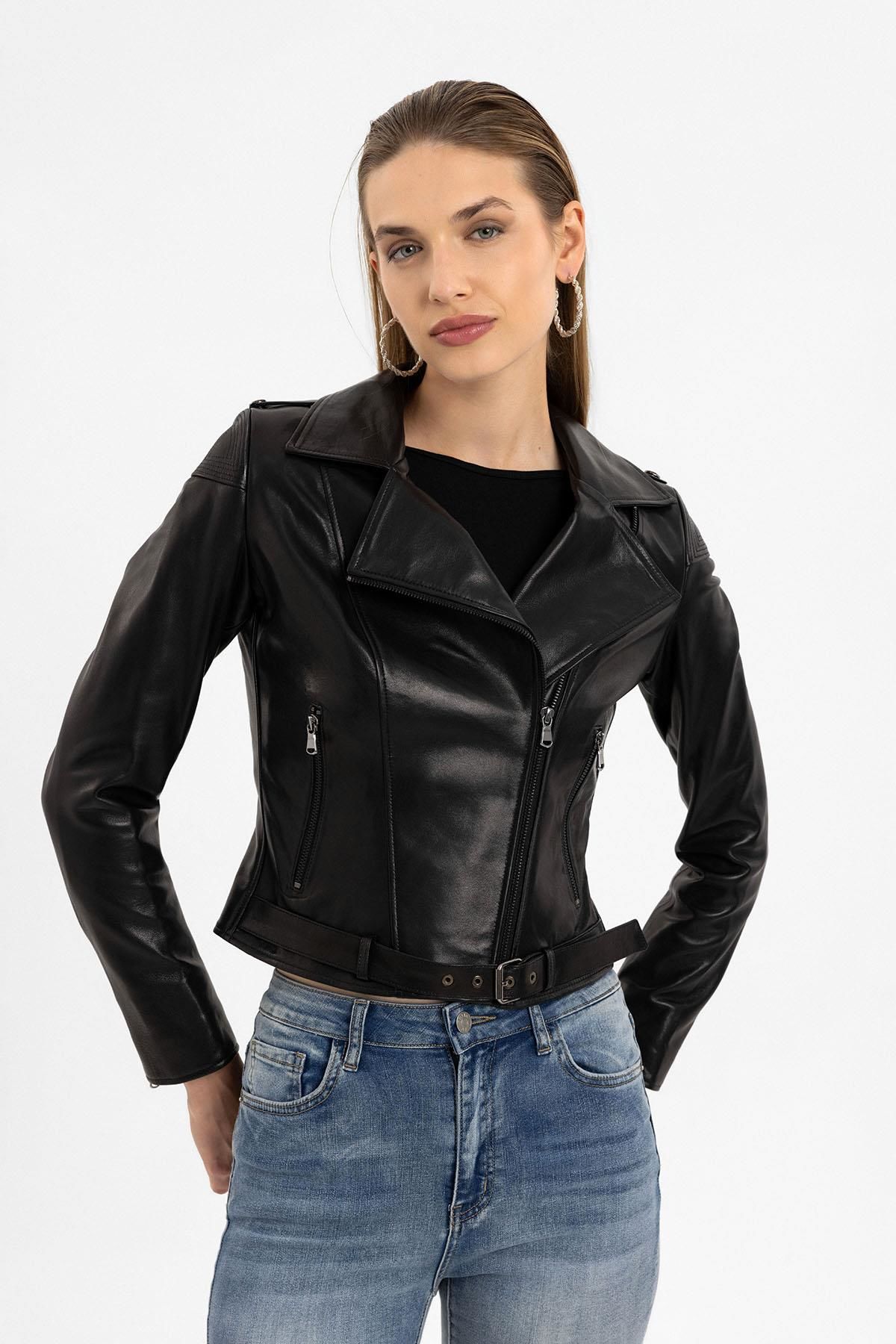 Black Ella Woman Genuine Leather Biker Jacket