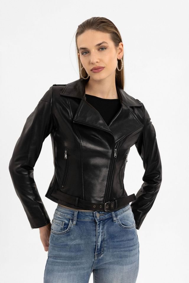Black Ella Woman Genuine Leather Biker Jacket