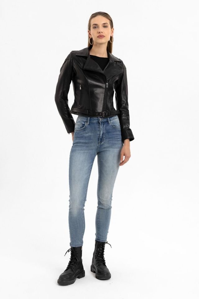 Black Ella Woman Genuine Leather Biker Jacket