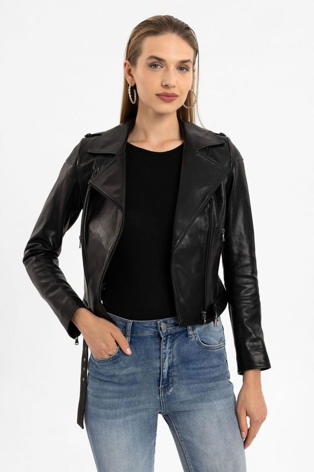 Black Ella Woman Genuine Leather Biker Jacket