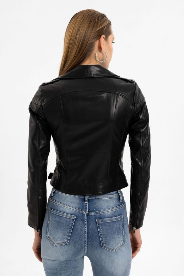 Black Ella Woman Genuine Leather Biker Jacket