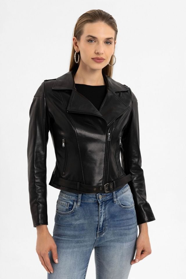 Black Ella Woman Genuine Leather Biker Jacket