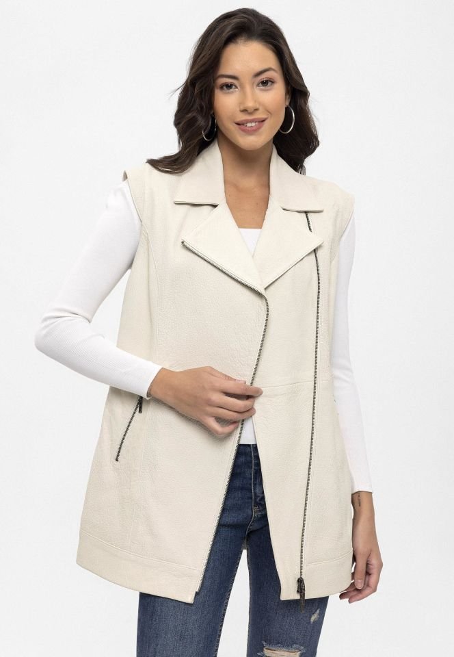 White Woman Genuine Leather Long Vest