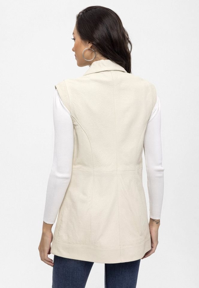 White Woman Genuine Leather Long Vest