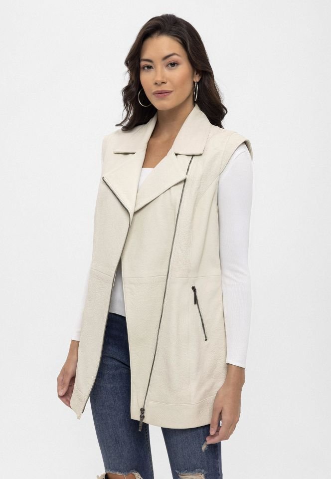 White Woman Genuine Leather Long Vest