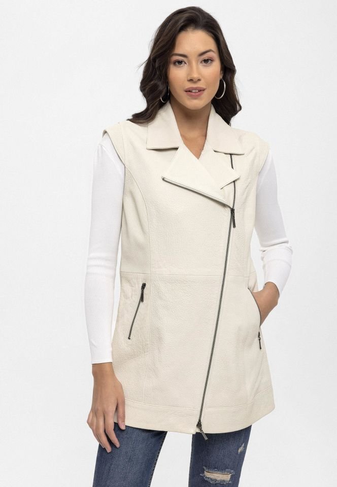 White Woman Genuine Leather Long Vest