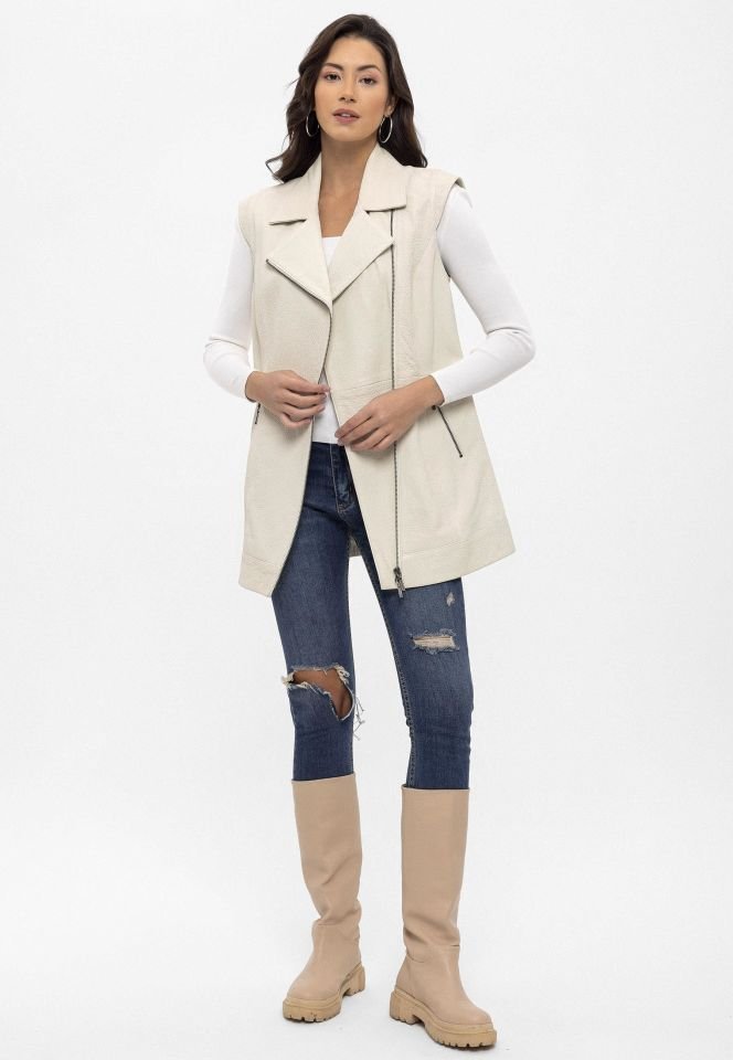White Woman Genuine Leather Long Vest