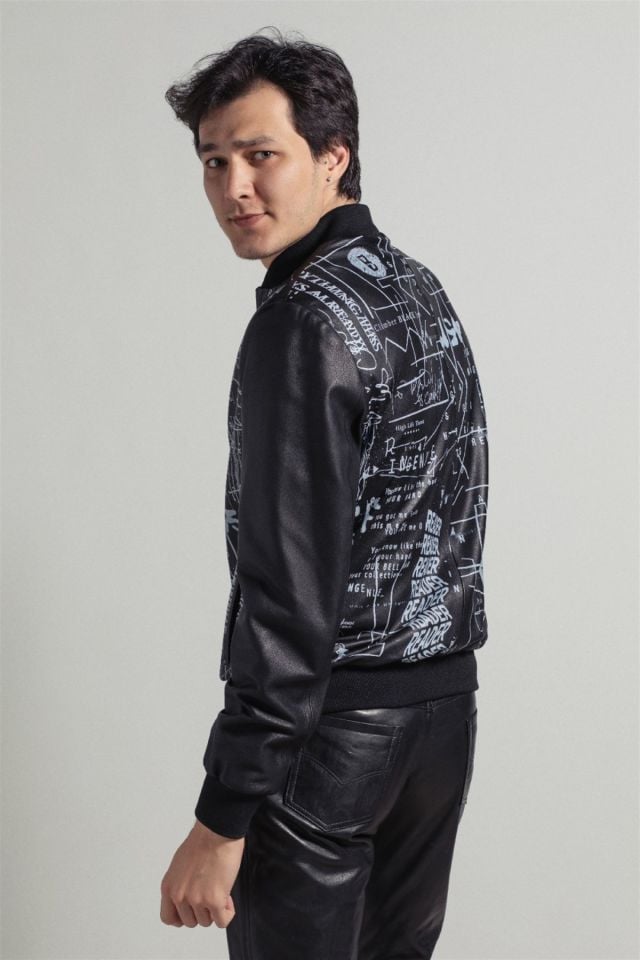 Black Mixed Pattern Printed Man Genuine Leather Jacket