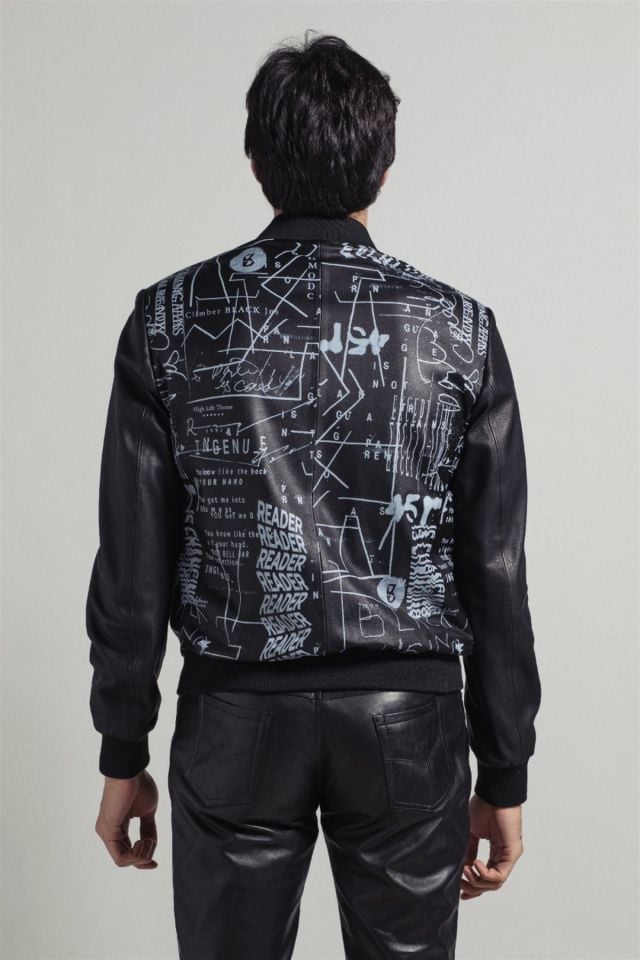 Black Mixed Pattern Printed Man Genuine Leather Jacket