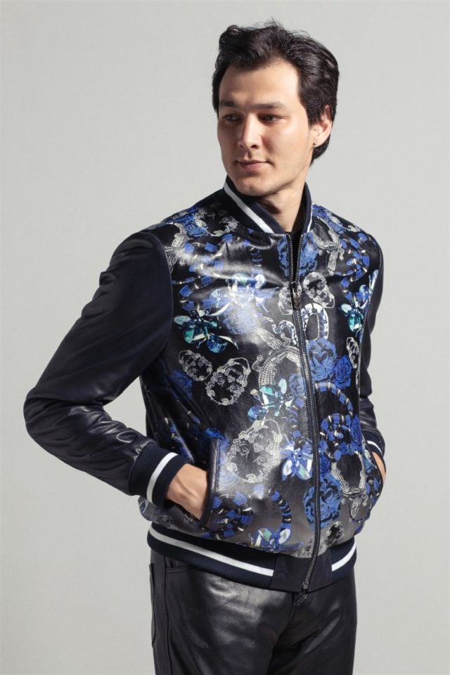 Black Rose Pattern Printed Man Genuine Leather Jacket