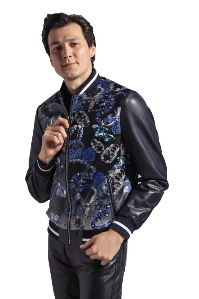 Black Rose Pattern Printed Man Genuine Leather Jacket