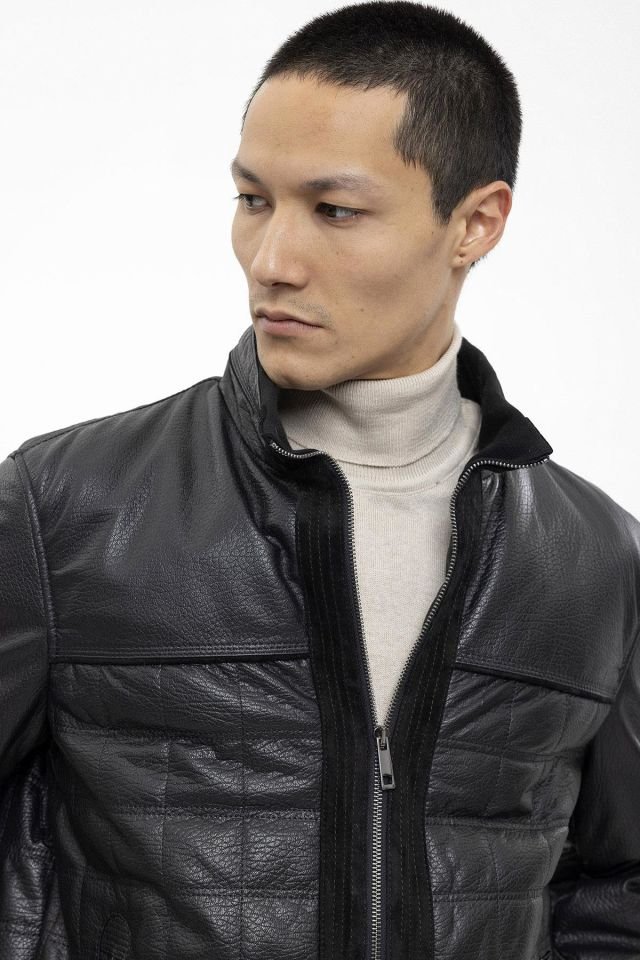 Black Quilted Riley Man Genuine Leather Jacket