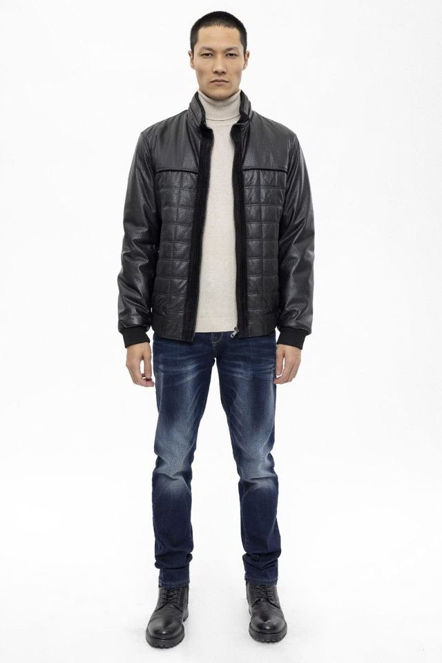 Black Quilted Riley Man Genuine Leather Jacket
