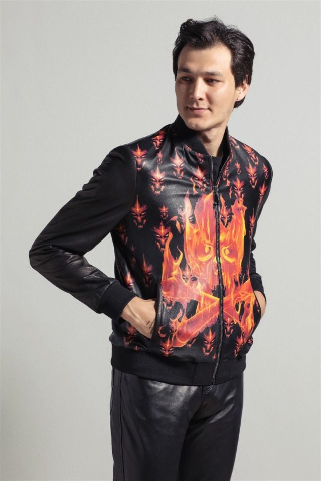 Black Flame Printed Man Genuine Leather Jacket