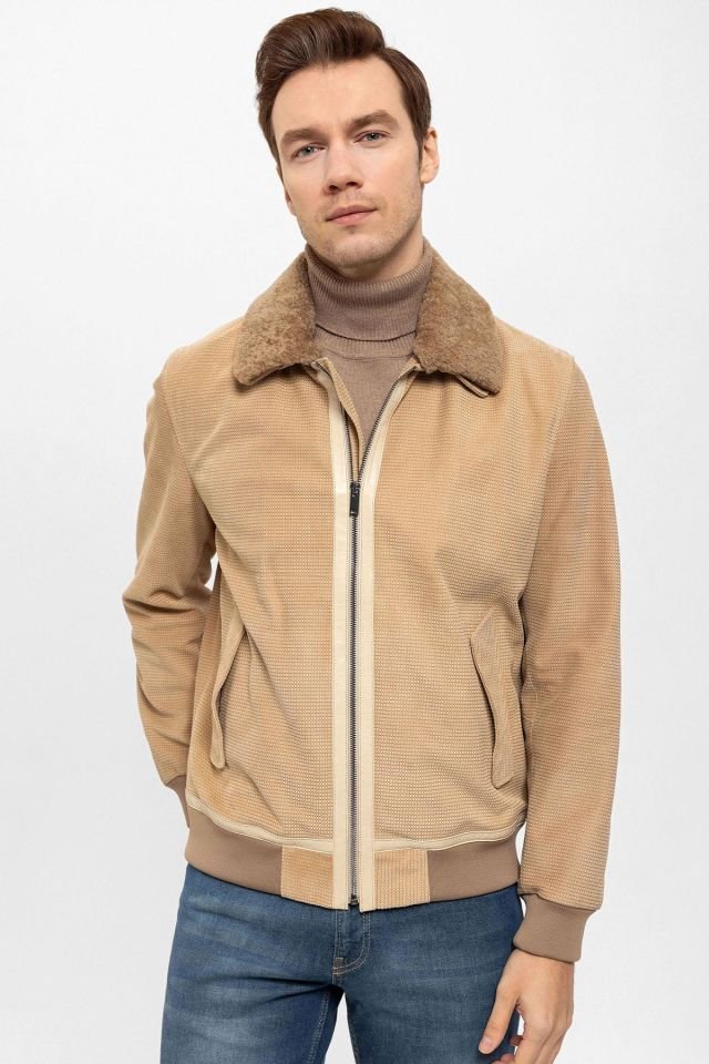 Beige Daniel Man Detachable Fur Collar Genuine Suede Jacket