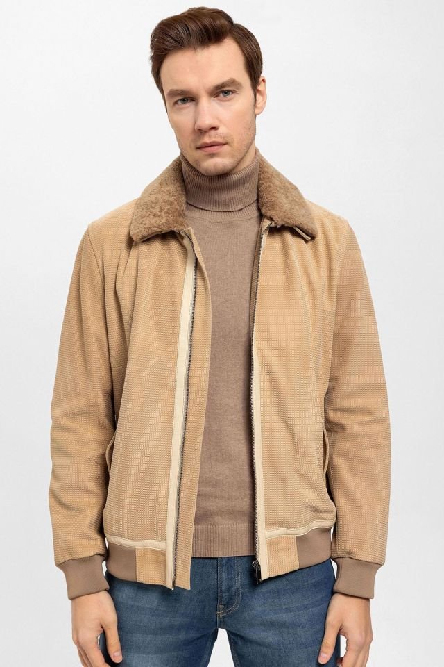 Beige Daniel Man Detachable Fur Collar Genuine Suede Jacket