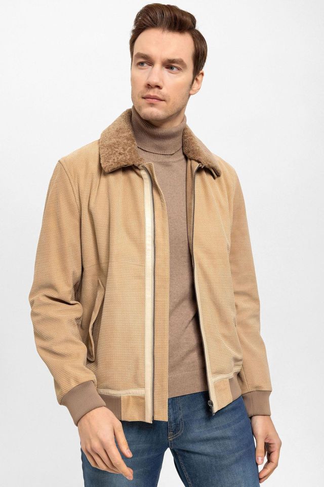 Beige Daniel Man Detachable Fur Collar Genuine Suede Jacket