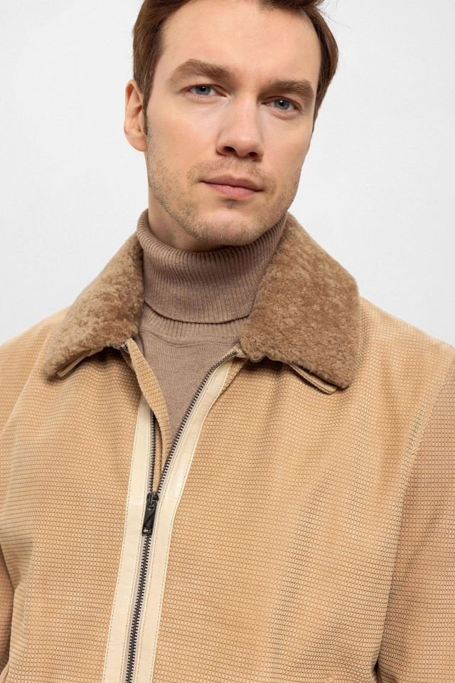 Beige Daniel Man Detachable Fur Collar Genuine Suede Jacket