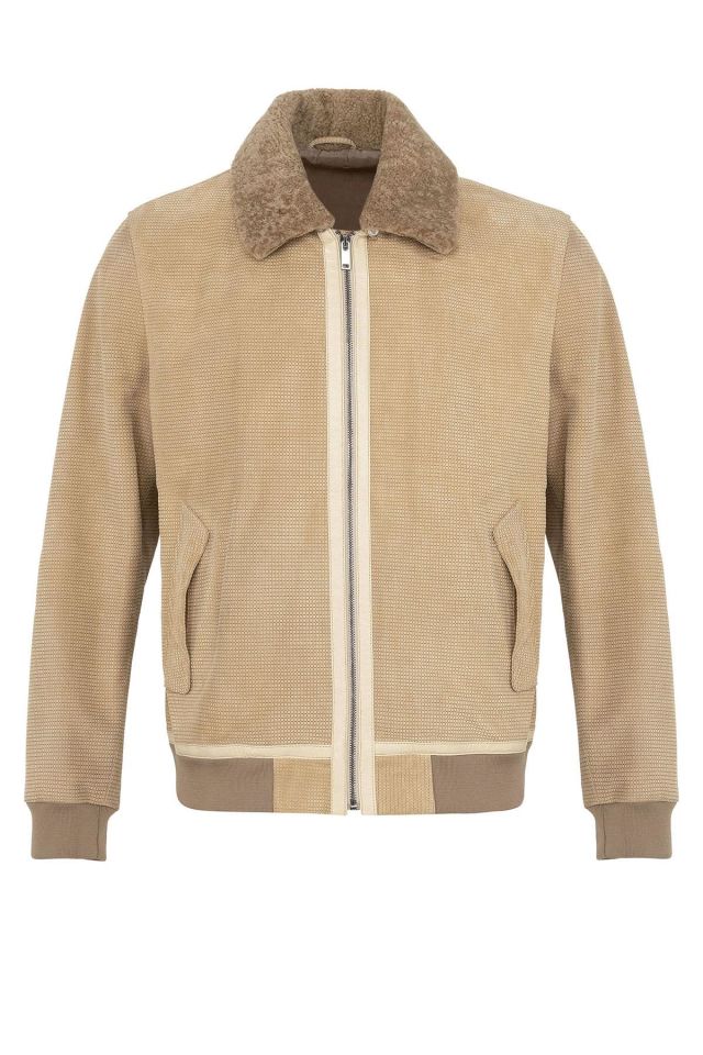 Beige Daniel Man Detachable Fur Collar Genuine Suede Jacket