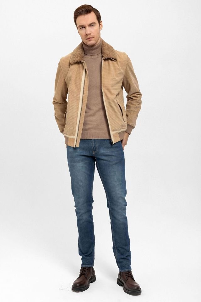 Beige Daniel Man Detachable Fur Collar Genuine Suede Jacket