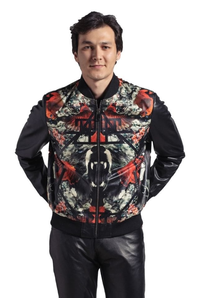 Black Bear Printed Man Genuine Leather Jacket