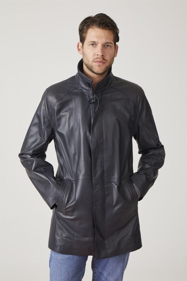 Navy Blue Weston Man Genuine Leather Coat