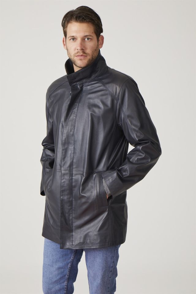 Navy Blue Weston Man Genuine Leather Coat