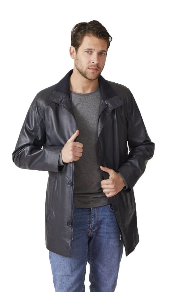 Navy Blue Weston Man Genuine Leather Coat