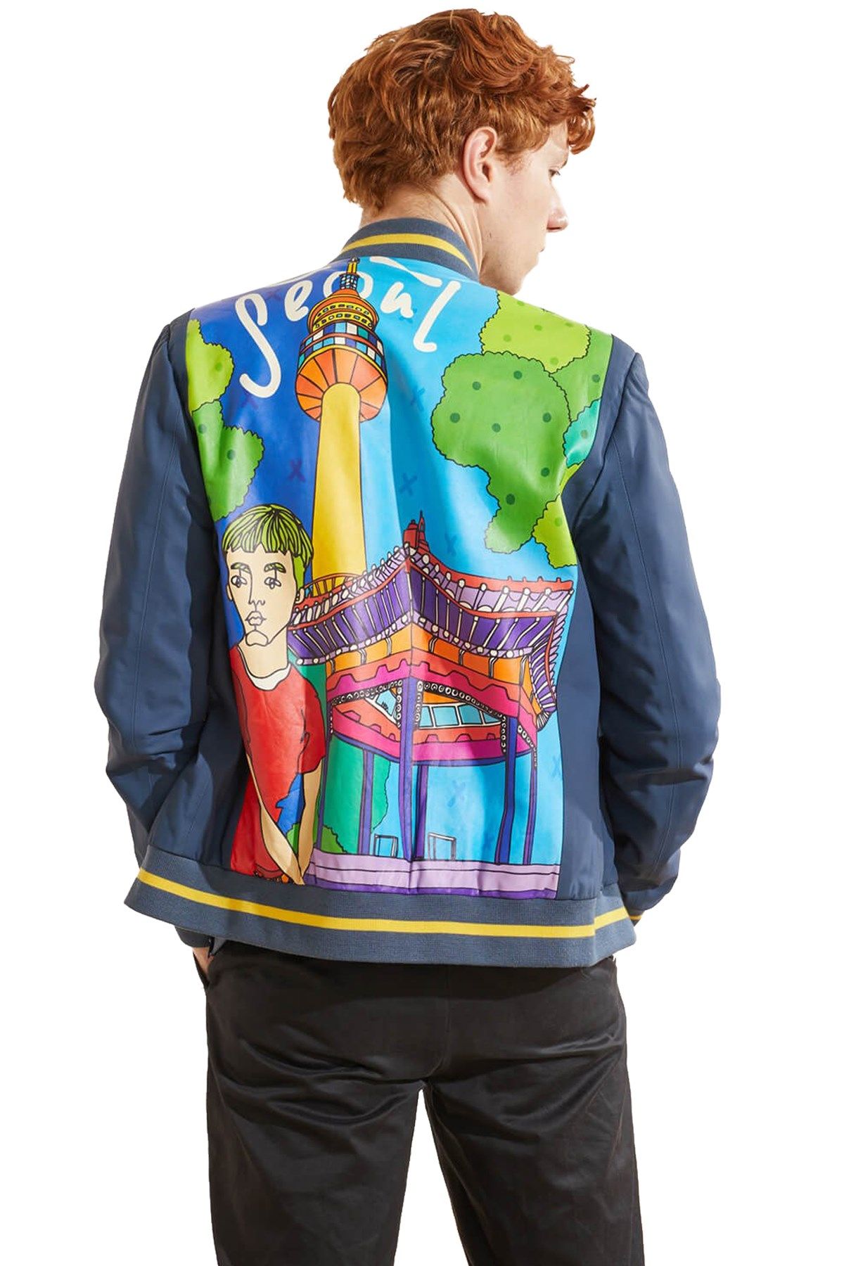 Navy Blue Seoul Printed Man Genuine Leather Jacket