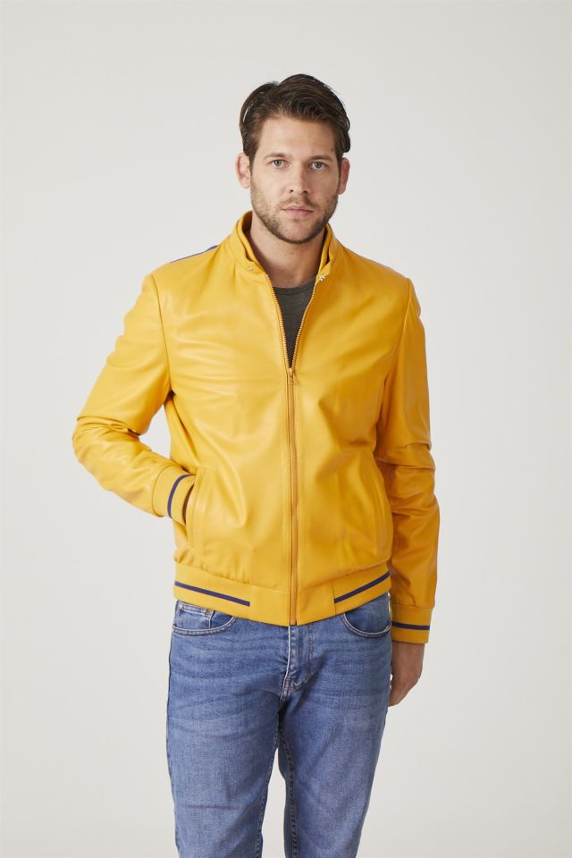 Yellow Rio Printed Man Genuine Leather Jacket