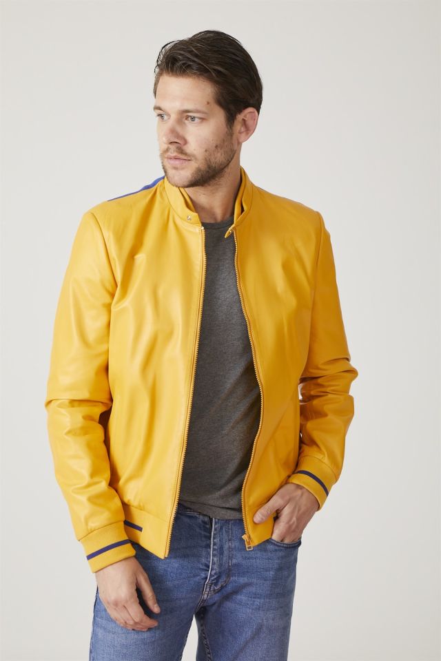 Yellow Rio Printed Man Genuine Leather Jacket