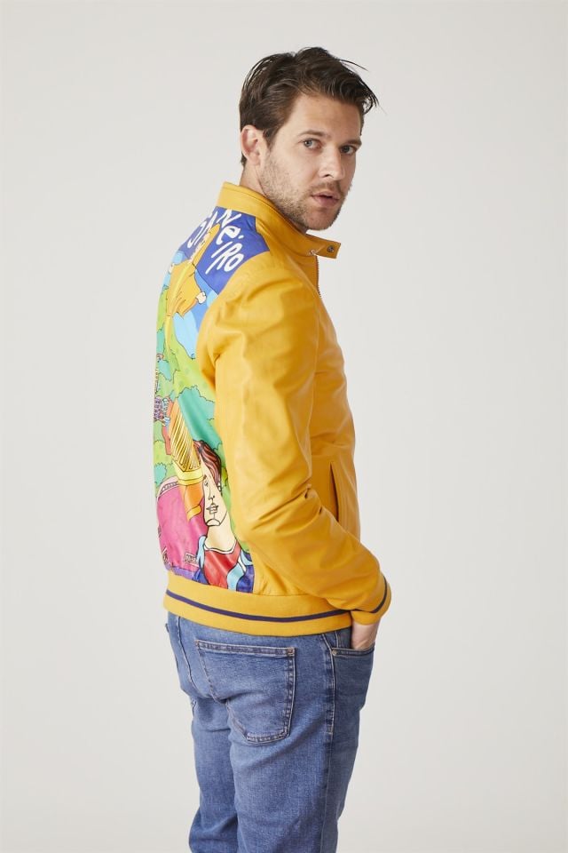 Yellow Rio Printed Man Genuine Leather Jacket