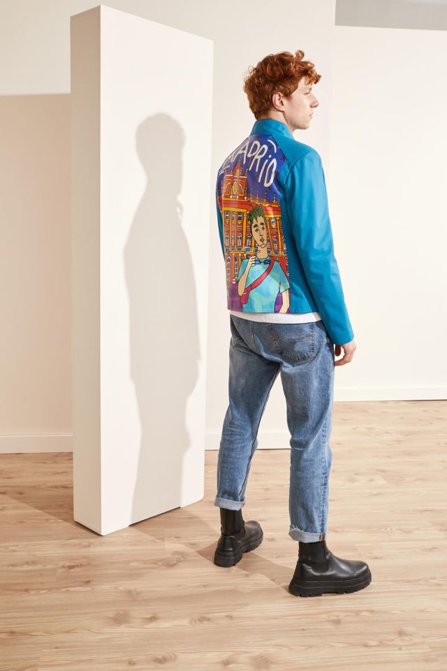 Blue Madrid Printed Man Genuine Leather Jacket