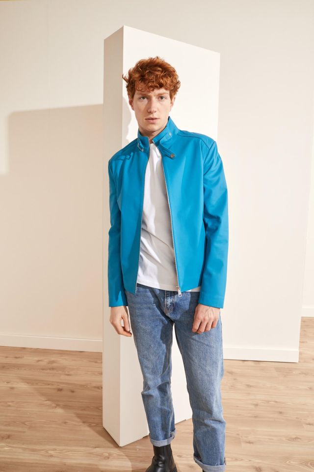Blue Madrid Printed Man Genuine Leather Jacket