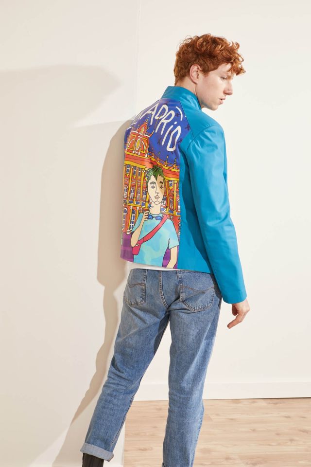 Blue Madrid Printed Man Genuine Leather Jacket