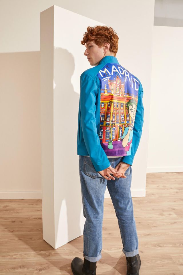 Blue Madrid Printed Man Genuine Leather Jacket