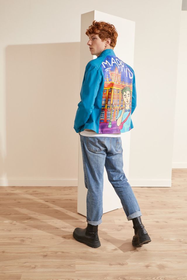 Blue Madrid Printed Man Genuine Leather Jacket
