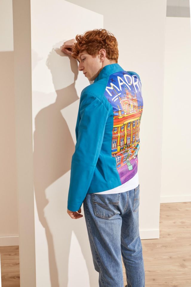 Blue Madrid Printed Man Genuine Leather Jacket