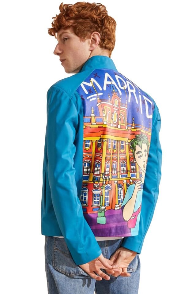 Blue Madrid Printed Man Genuine Leather Jacket