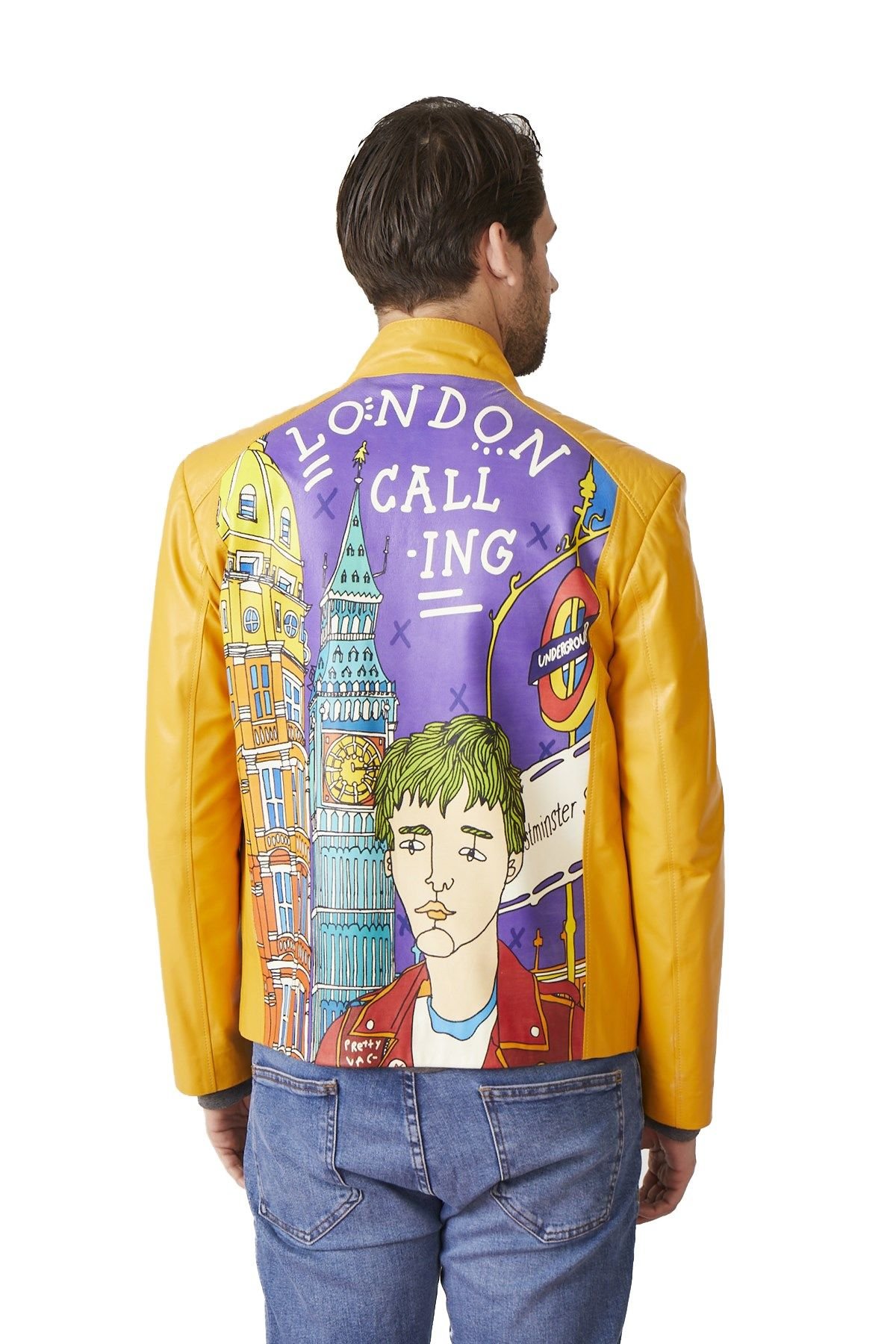 Yellow London Printed Man Genuine Leather Jacket