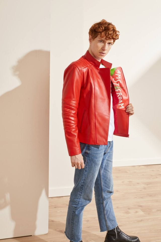 Red Amsterdam Printed Man Genuine Leather Jacket