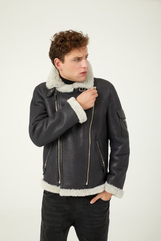 Black Herman Man Genuine Shearling Coat