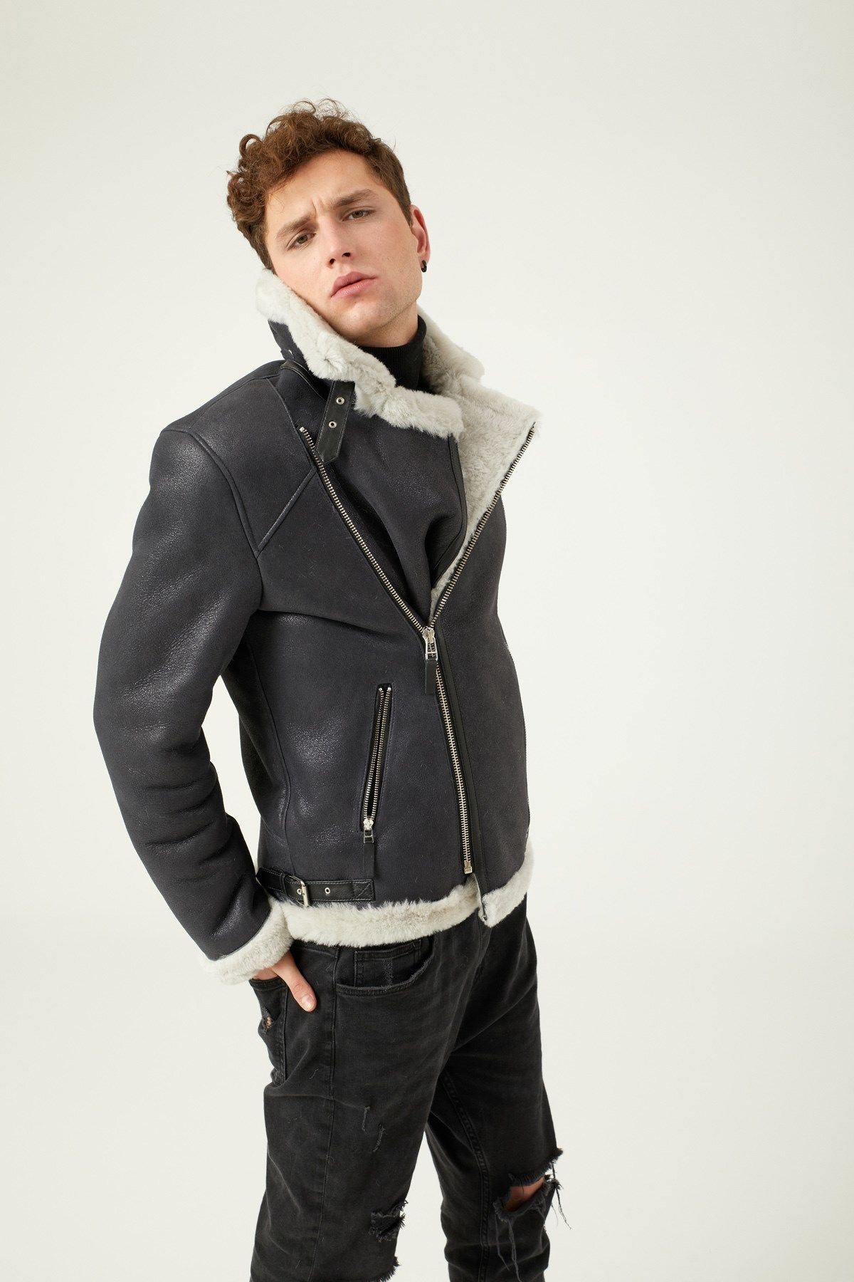 Black Herman Man Genuine Shearling Coat