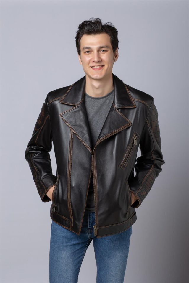 Black Vintage Skull Embossed Francis Man Genuine Leather Biker Jacket