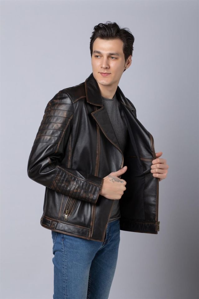 Black Vintage Skull Embossed Francis Man Genuine Leather Biker Jacket