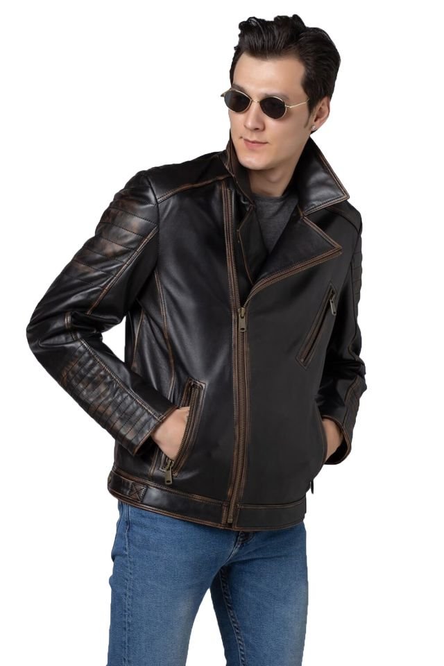Black Vintage Skull Embossed Francis Man Genuine Leather Biker Jacket
