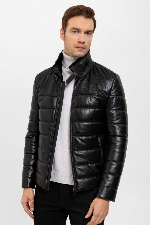 Renzo Black Man Genuine Leather Coat