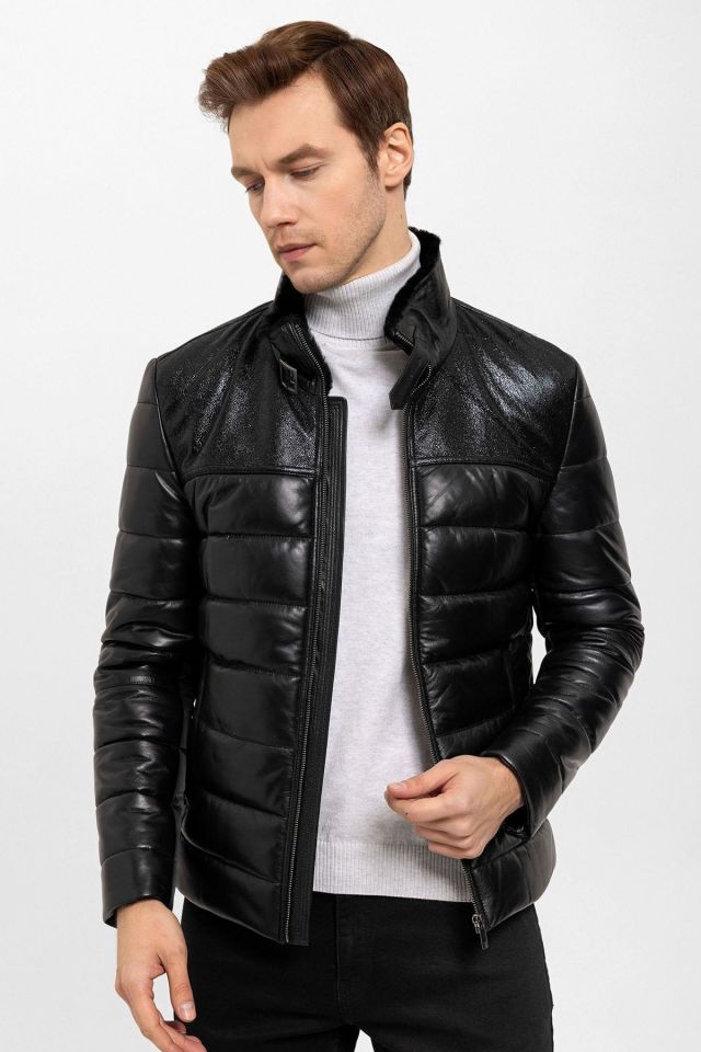 Renzo Black Man Genuine Leather Coat